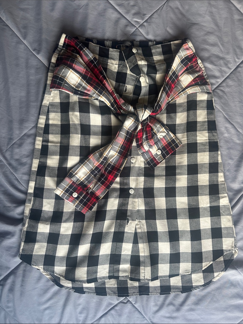 Zara %100 Cotton Black and White Plaid Button-Up Shirt Dress with Red Plaid